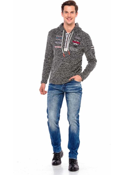 CL359 Düğmeli Kapşonlu Gri Örme Erkek Sweatshirt