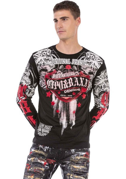 CL450 Parlak Baskılı Ince Siyah Sweatshirt