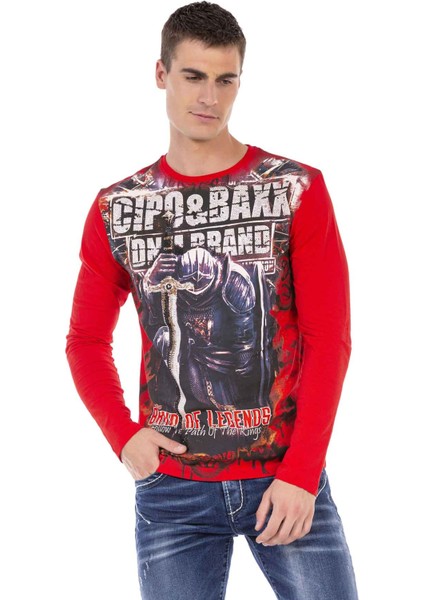 CL452 Taşlı Baskılı Kırmızı Ince Sweatshirt