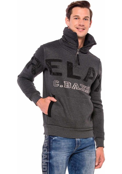 CL385 Taşlı Relax Dik Fermuar Yaka Kalın Sweatshirt
