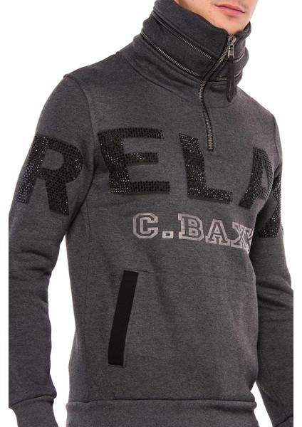 CL385 Taşlı Relax Dik Fermuar Yaka Kalın Sweatshirt indirimleri