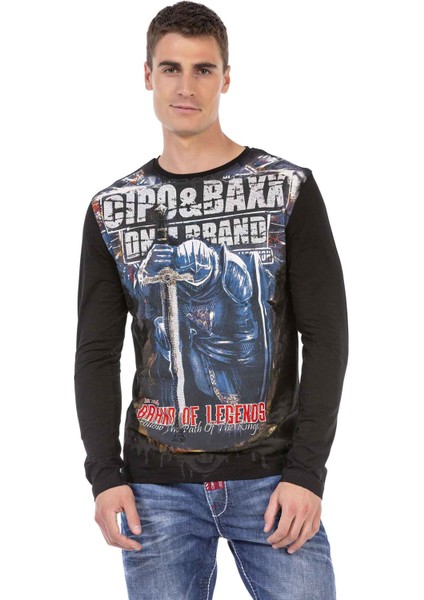 CL452 Taşlı Baskılı Siyah Ince Sweatshirt