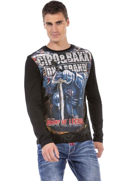 CL452 Taşlı Baskılı Siyah Ince Sweatshirt