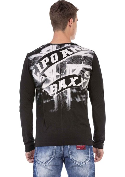 CL452 Taşlı Baskılı Siyah Ince Sweatshirt