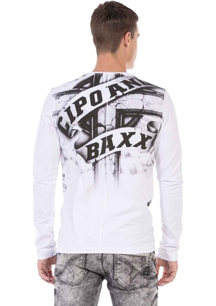 Cipo & Baxx CL452 Taşlı Baskılı Beyaz Ince Sweatshirt