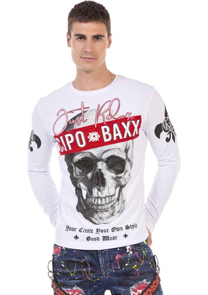 CL454 Taşlı Kurukafa Ince Beyaz Sweatshirt