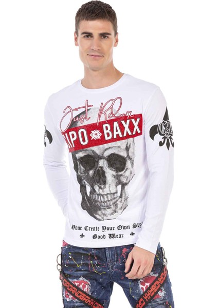 CL454 Taşlı Kurukafa Ince Beyaz Sweatshirt