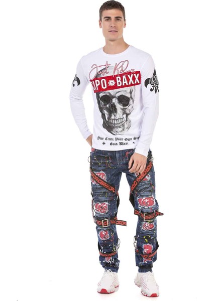 CL454 Taşlı Kurukafa Ince Beyaz Sweatshirt