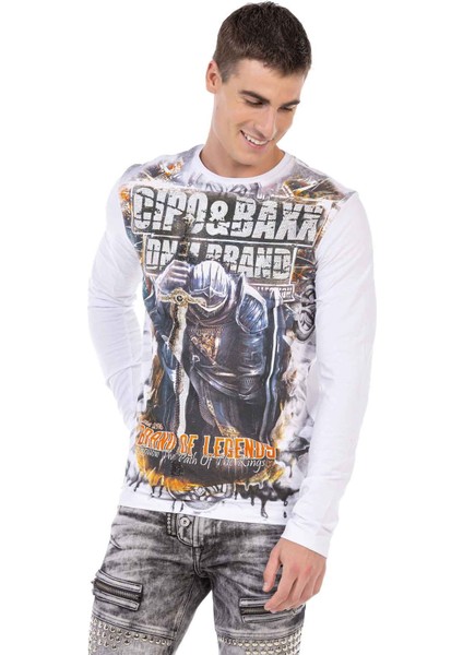 CL452 Taşlı Baskılı Beyaz Ince Sweatshirt fiyatları