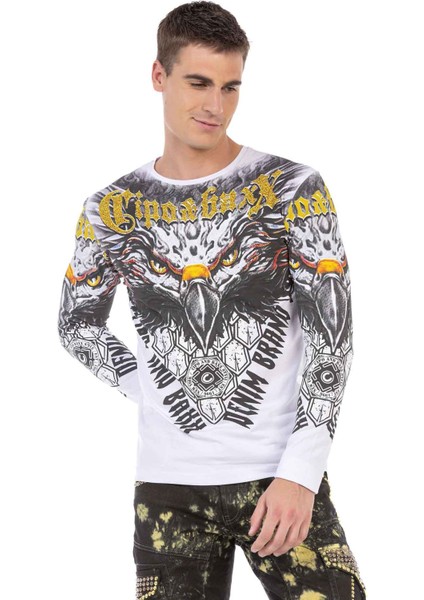 Cipo & Baxx CL488 Beyaz Kartal Baskılı Sweatshirt