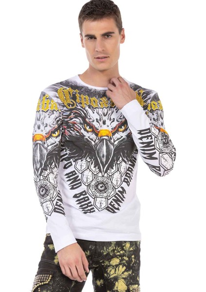 Cipo & Baxx CL488 Beyaz Kartal Baskılı Sweatshirt