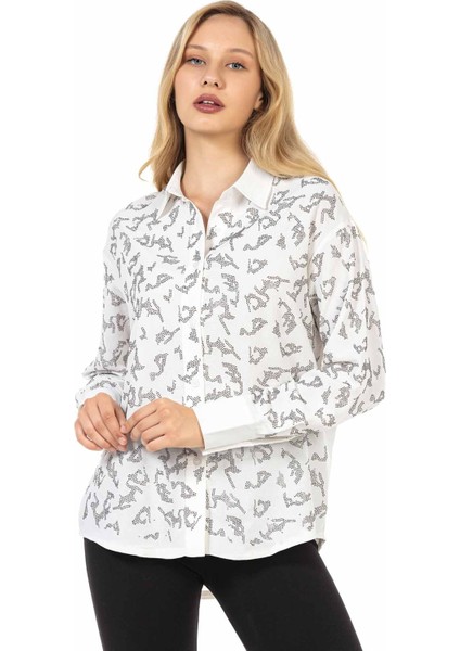 WH120 Taşlı Beyaz Bayan Gömlek