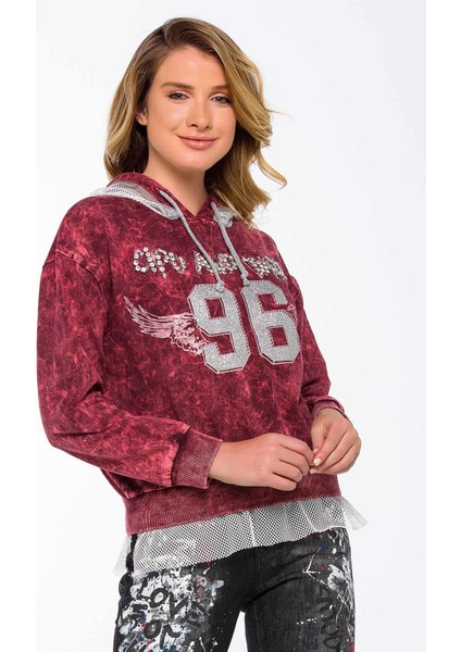 WL207 Taşlı Kapşonlu Tül Detaylı Bayan Sweatshirt