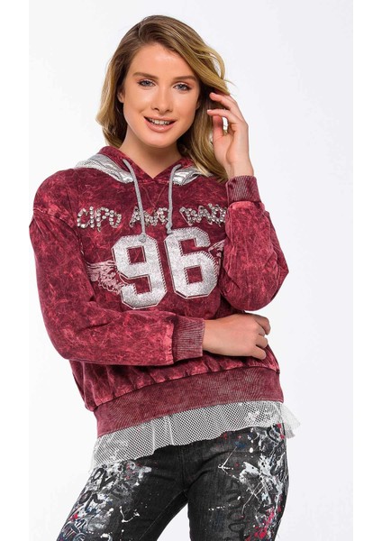 Cipo & Baxx WL207 Taşlı Kapşonlu Tül Detaylı Bayan Sweatshirt