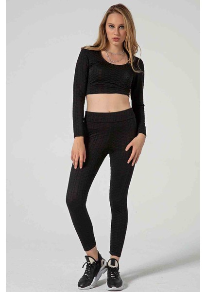 WLR142 Dokulu Body Tayt Siyah Spor Takım