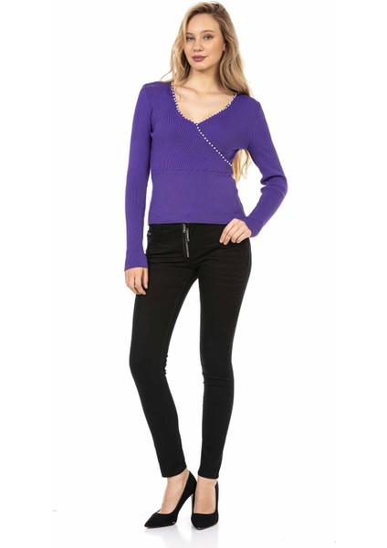 WP207 Boncuklu V Yaka Lila Triko fırsatları