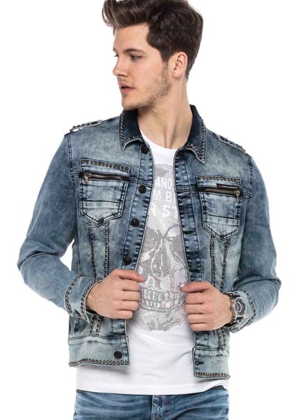 CJ250 Street Fashion Metal Çivili Slim Mavi Kot Ceket