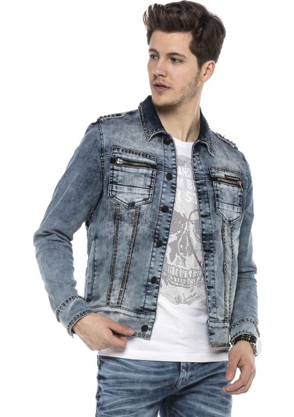 CJ250 Street Fashion Metal Çivili Slim Mavi Kot Ceket fırsatları