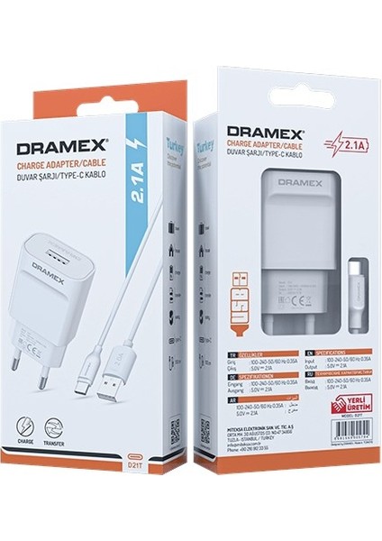 D21T 2.1A Type-C – USB Şarj Adaptörü & Şarj Data Kablosu