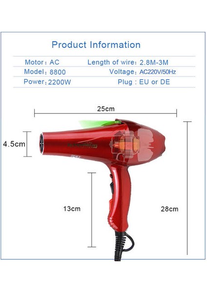 Kuaför ve Saç Salonu Için 3 Metre Uzun Tel Gerçek 2200 W Güç Profesyonel Blower Kurutucu Salon Saç Kurutma Makinesi (Yurt Dışından)