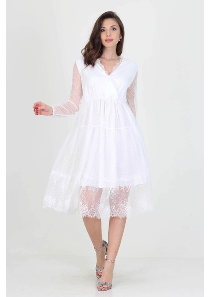 Neseli Butik Kruvaze Yaka Eteği Güpür Detaylı Yeni Sezon Elbise NB0010 fiyatları