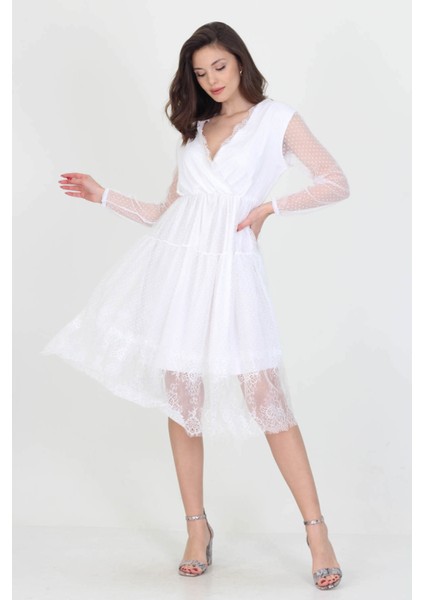 Neseli Butik Kruvaze Yaka Eteği Güpür Detaylı Yeni Sezon Elbise NB0010 indirimleri