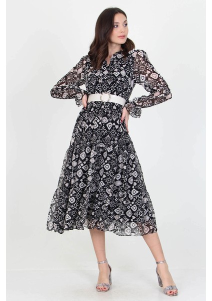 Kadın Kemerli Yakası Bağlama Detaylı Desenli Şifon Elbise RSSN02