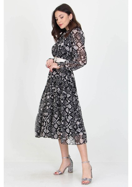 Kadın Kemerli Yakası Bağlama Detaylı Desenli Şifon Elbise RSSN02 fiyatları