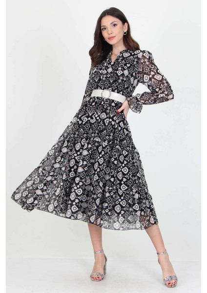 Kadın Kemerli Yakası Bağlama Detaylı Desenli Şifon Elbise RSSN02 modelleri
