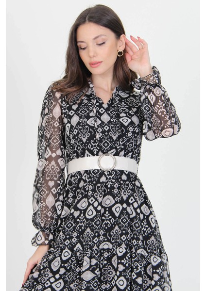 Kadın Kemerli Yakası Bağlama Detaylı Desenli Şifon Elbise RSSN02 fırsatları