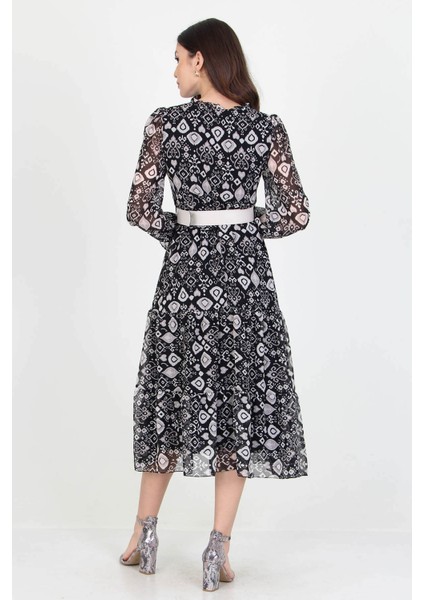Kadın Kemerli Yakası Bağlama Detaylı Desenli Şifon Elbise RSSN02 indirimleri