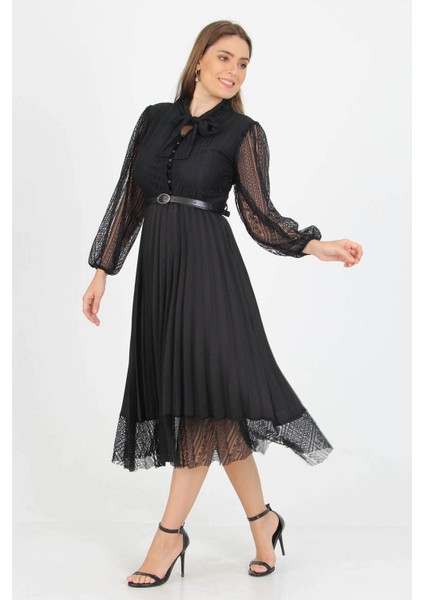 Kadın Yeni Sezon Yakası Bağlama Detaylı Kemerli Dantel Elbise APCX41