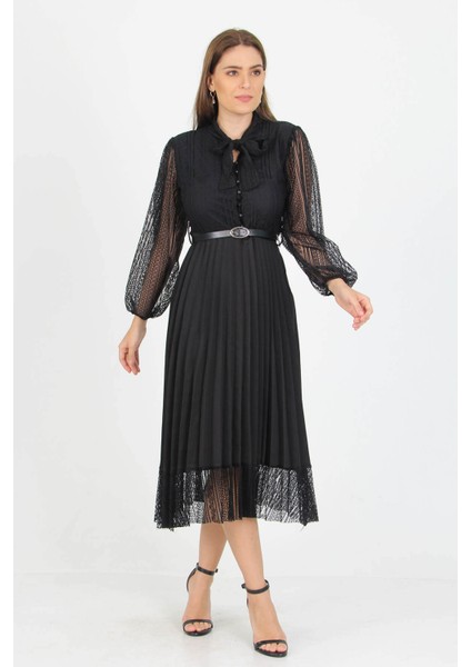 Kadın Yeni Sezon Yakası Bağlama Detaylı Kemerli Dantel Elbise APCX41 fiyatları