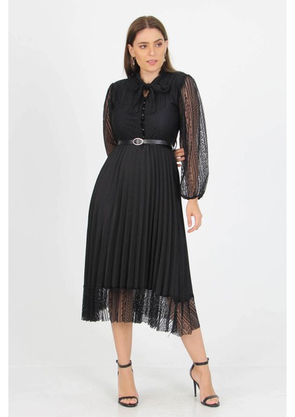 Kadın Yeni Sezon Yakası Bağlama Detaylı Kemerli Dantel Elbise APCX41 modelleri