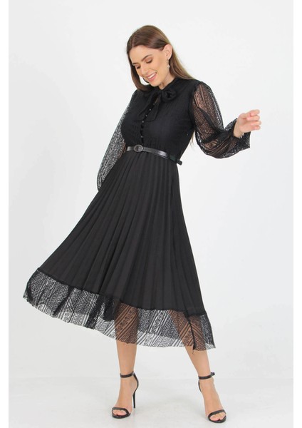 Kadın Yeni Sezon Yakası Bağlama Detaylı Kemerli Dantel Elbise APCX41 fırsatları