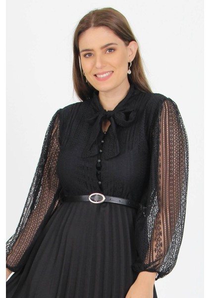 Kadın Yeni Sezon Yakası Bağlama Detaylı Kemerli Dantel Elbise APCX41 indirimleri