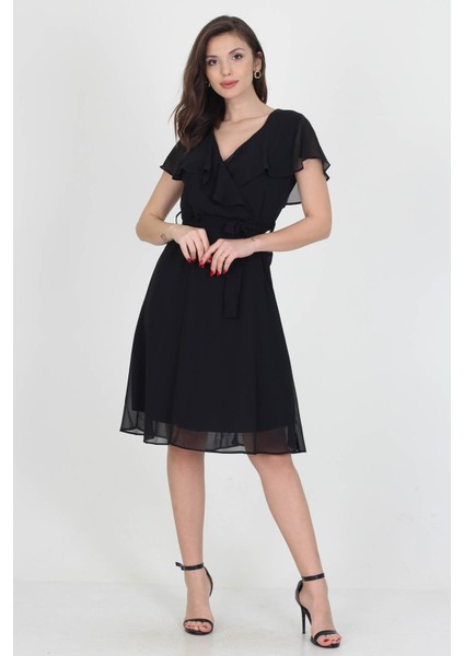 Kadın Midi Boy Yeni Sezon Kruvaze Yaka Melek Kol Şifon Elbise RY8081