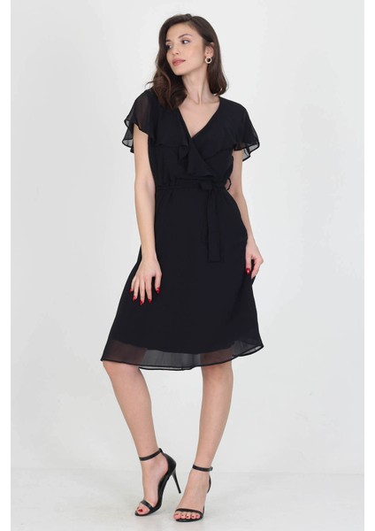 Kadın Midi Boy Yeni Sezon Kruvaze Yaka Melek Kol Şifon Elbise RY8081 fiyatları