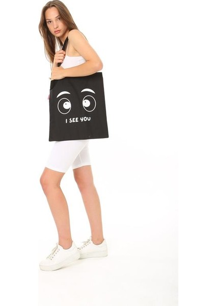 Siyah Bez Çanta I See You Baskılı modelleri