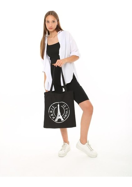 Siyah Bez Çanta Paris Baskılı modelleri
