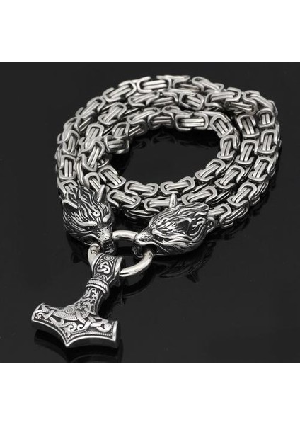 Erkekler Paslanmaz Çelik Kurt Kafa Norse Viking Muska Thor Çekiç Kolye (Yurt Dışından)
