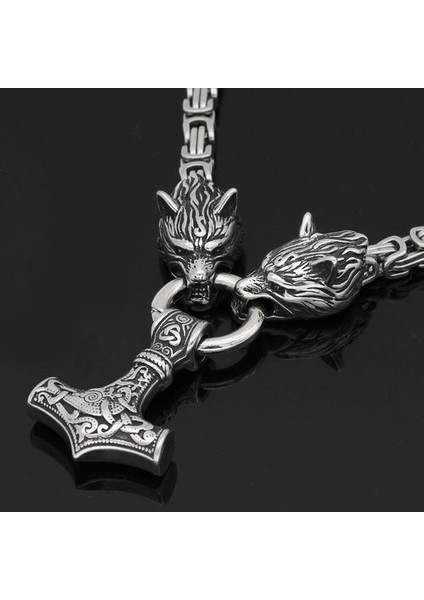 Erkekler Paslanmaz Çelik Kurt Kafa Norse Viking Muska Thor Çekiç Kolye (Yurt Dışından)