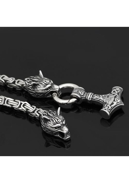 Erkekler Paslanmaz Çelik Kurt Kafa Norse Viking Muska Thor Çekiç Kolye (Yurt Dışından)