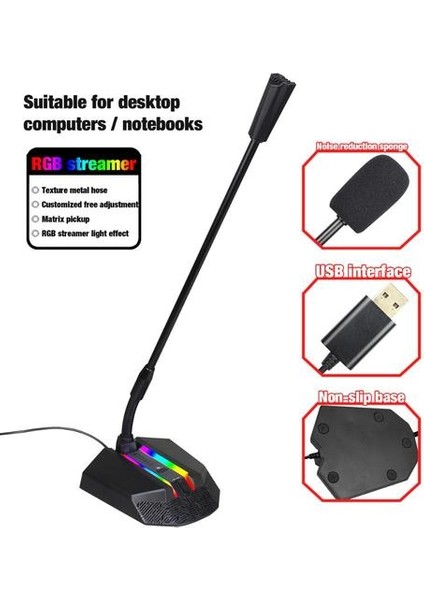 Pc USB Mikrofon Rgb Işık Yayan 360 Derece Ücretsiz Disk Hd Ses Kartı Gürültü Azaltma Kayıpsız Alıcı Mikrofonlar (Yurt Dışından)