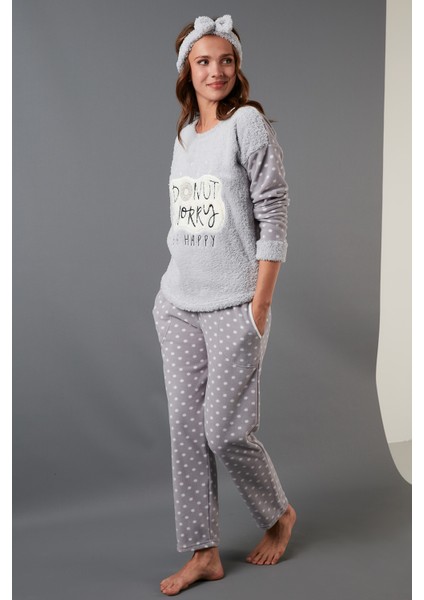 Baskılı Puantiyeli Saç Bantlı Peluş Pijama Takımı Bayan Pijama Takımı 6094120