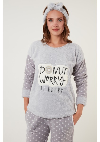 Baskılı Puantiyeli Saç Bantlı Peluş Pijama Takımı Bayan Pijama Takımı 6094120