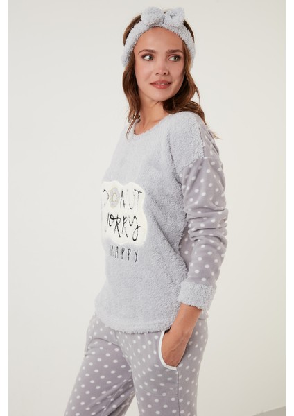 Baskılı Puantiyeli Saç Bantlı Peluş Pijama Takımı Bayan Pijama Takımı 6094120