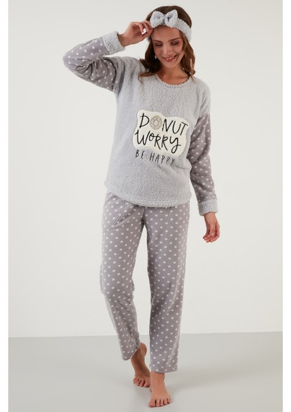 Baskılı Puantiyeli Saç Bantlı Peluş Pijama Takımı Bayan Pijama Takımı 6094120