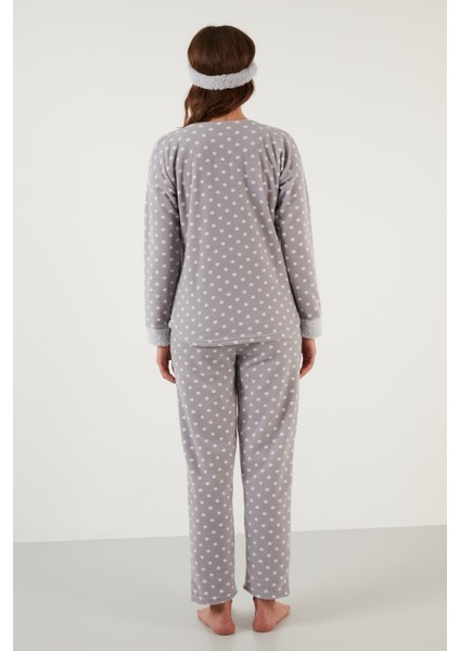 Baskılı Puantiyeli Saç Bantlı Peluş Pijama Takımı Bayan Pijama Takımı 6094120