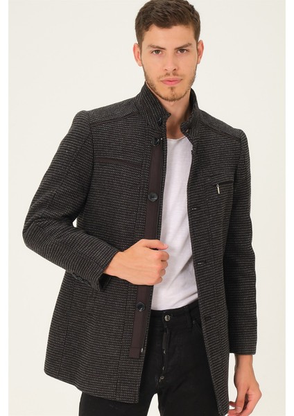 Kadın Midi Palto Yün Karışımlı Düz Siyah-Antrasit Renkli Uzun Kollu